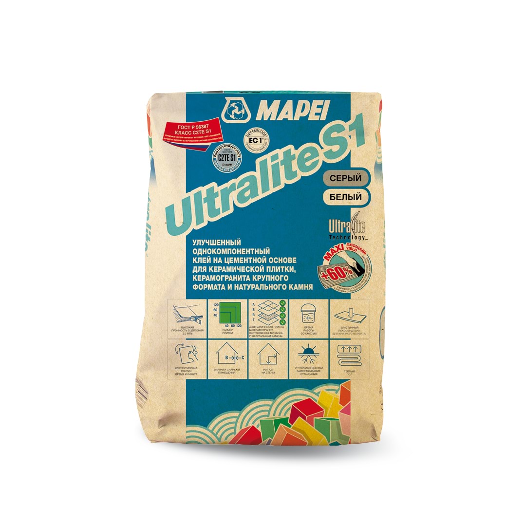 Mapei Клей для плитки Mapei Ultralite S1 (C2TE S1)белый 15 кг